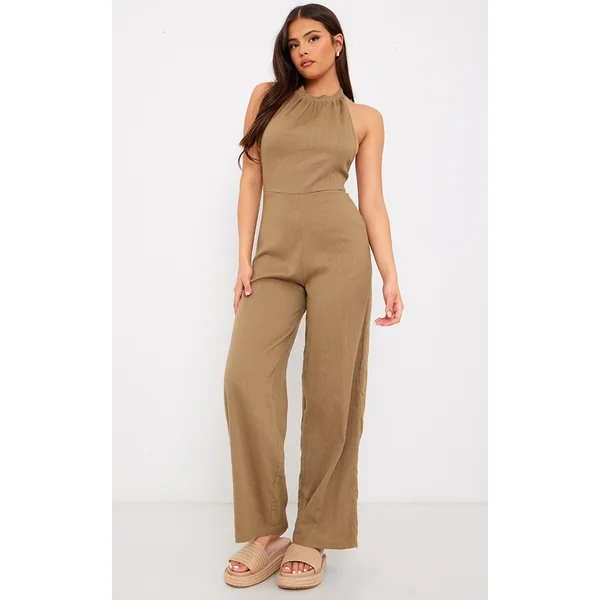 Taupe Textured Halterneck Low Back Jumpsuit