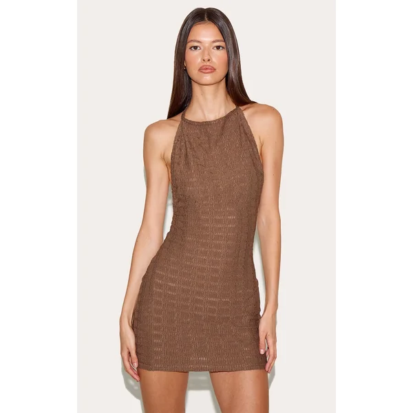 Taupe Textured Halterneck Low Back Sleeveless Mini Dress