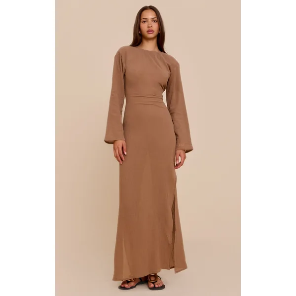 Taupe Textured Long Sleeve Maxi Dress