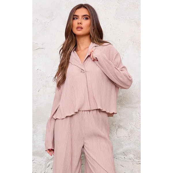 Taupe Textured Pleated Button Front Shirt