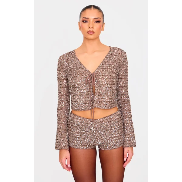 Taupe Textured Sequin Tie Top
