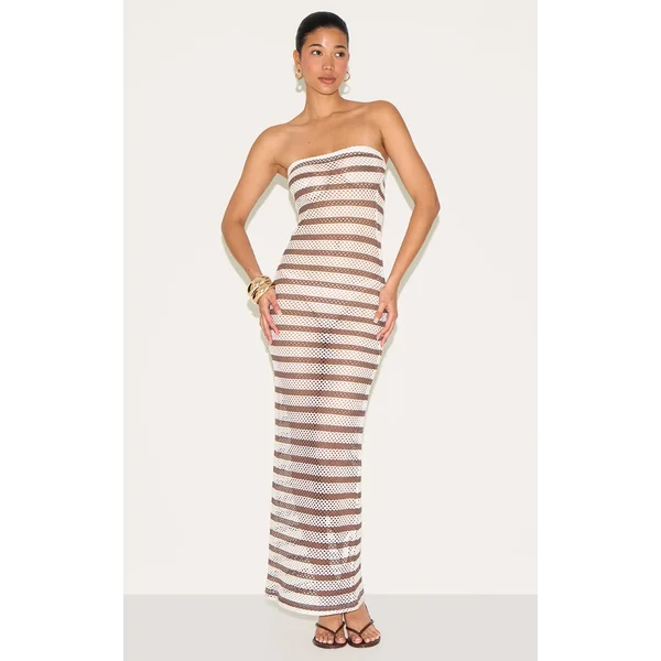 Taupe Textured Stripe Bandeau Maxi Dress
