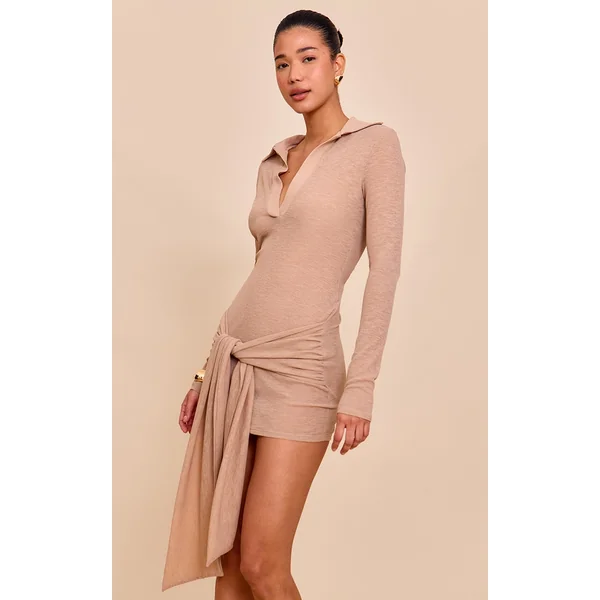 Taupe Textured Tie Detail Bodycon Dress