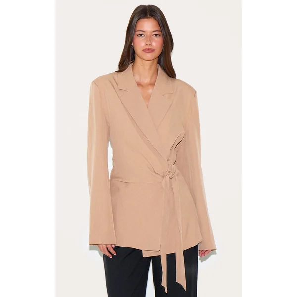 Taupe Tie Front Structured Blazer