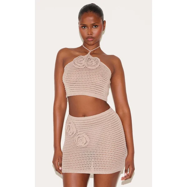 Taupe Tie Neck Flower Applique Top