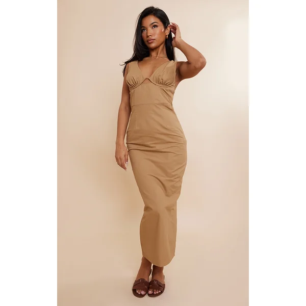 Taupe Twill Underbust Plunge Midaxi Dress