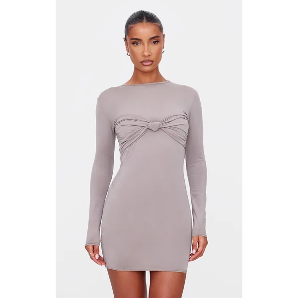 Taupe Twist Bandeau Detail Long Sleeve Mini Bodycon Dress