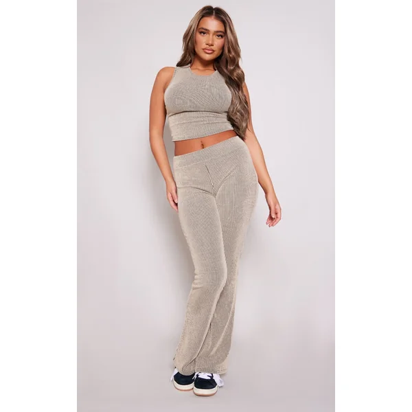 Taupe Two Tone Rib Foldover Yoga Pants