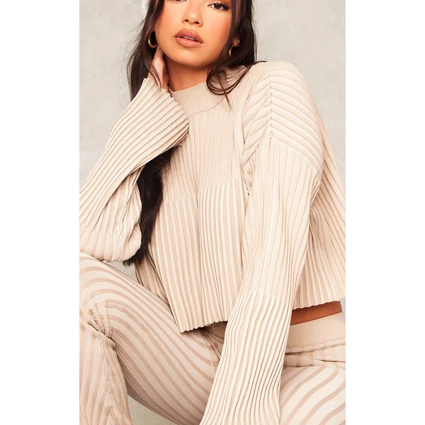 Taupe Two Tone Thick Rib Knit Open Back High Neck Sweater