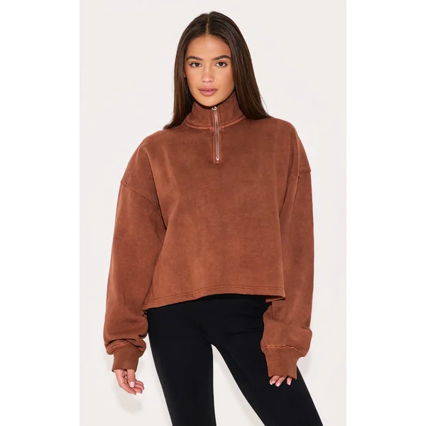 Taupe Washed Boxy Quarter Zip Sweatshirt