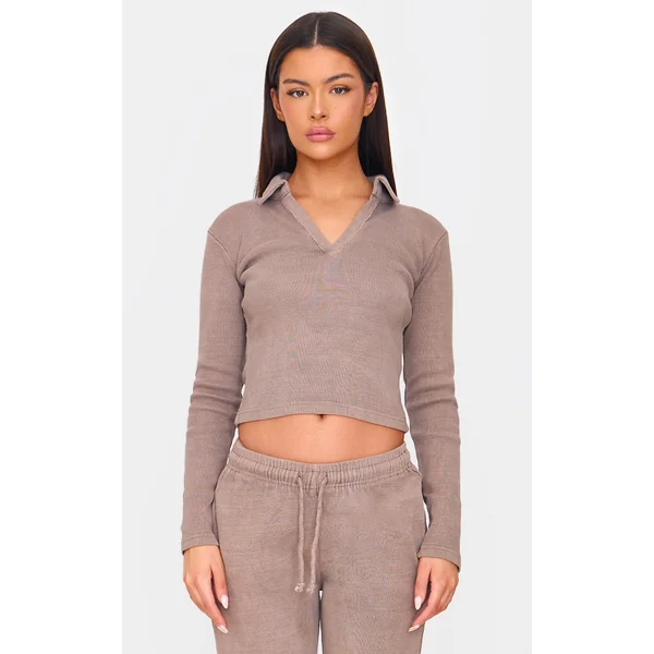 Taupe Washed Ribbed V Neck Fitted Long Sleeve Top