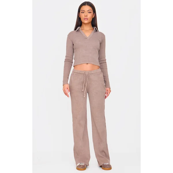 Taupe Washed Ribbed Wide Leg Pants