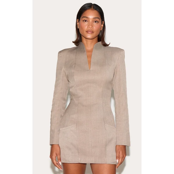 Taupe Woven Collarless Long Sleeve Blazer Dress