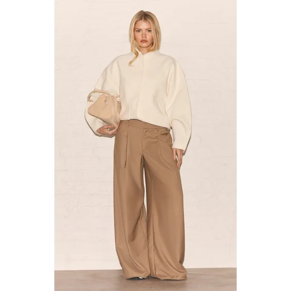 Taupe Woven Double Pleat Wide Leg Pants