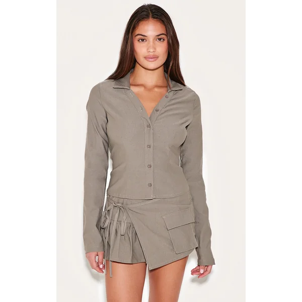 Taupe Woven Long Sleeve Cargo Detail Shirt