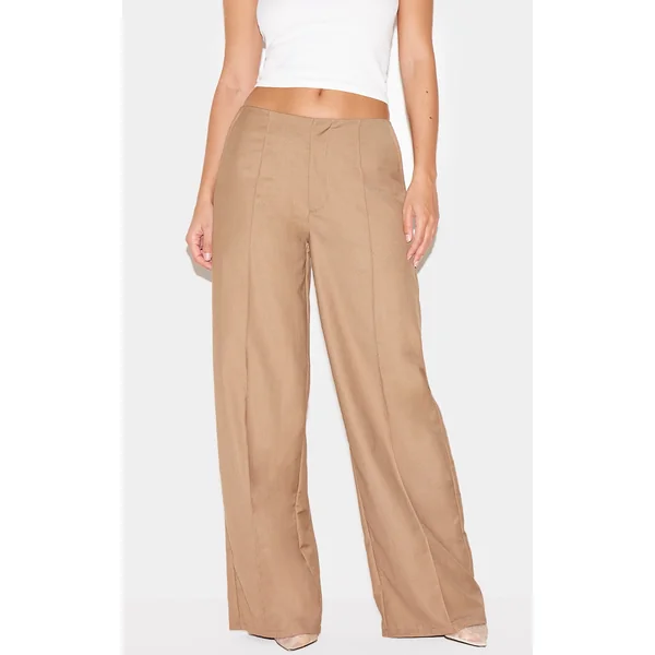 Taupe Woven Low Rise Seam Detail Straight Leg Pants