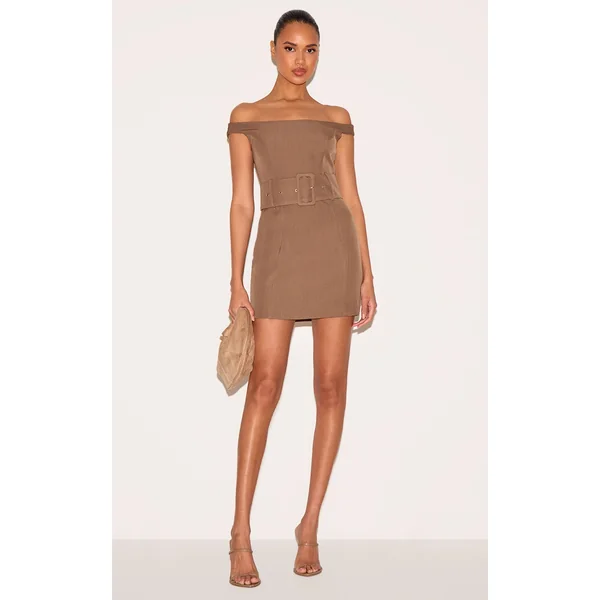 Taupe Woven Off Shoulder Belt Detail Mini Dress