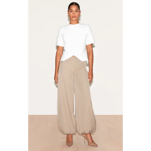 Taupe Woven Puffball Cuffed Pants