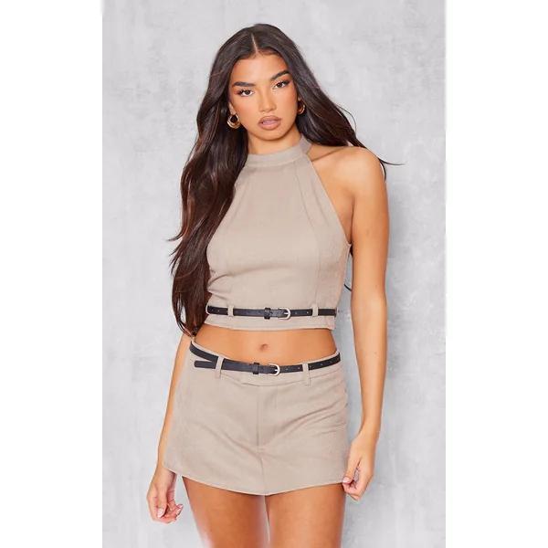 Taupe Woven Tailored High Neck Belted Top