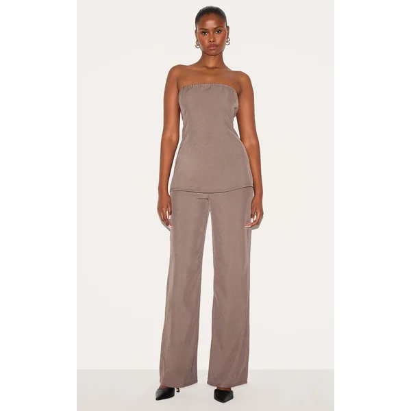 Taupe Woven Tailored Longline Bandeau Flared Jumpsuit