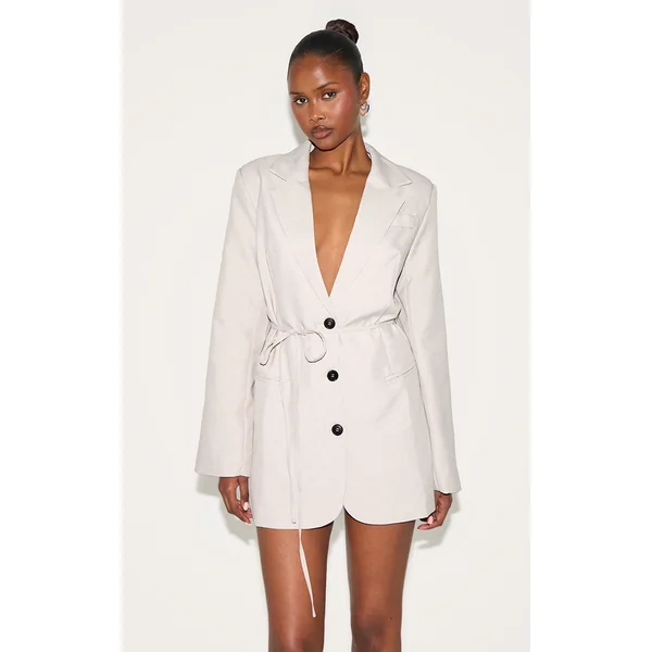 Taupe Woven Tie Belt Blazer Dress