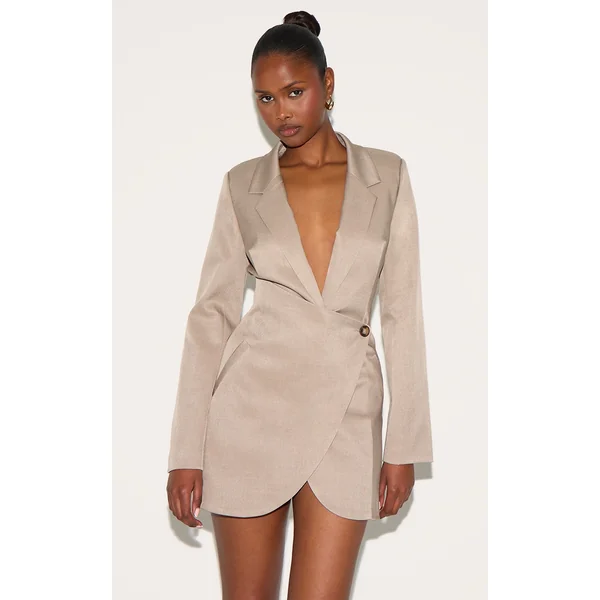 Taupe Woven Wrap Skirt Blazer Dress