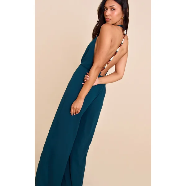 Teal Chiffon Cowl Neck Bead Detail Jumpsuit