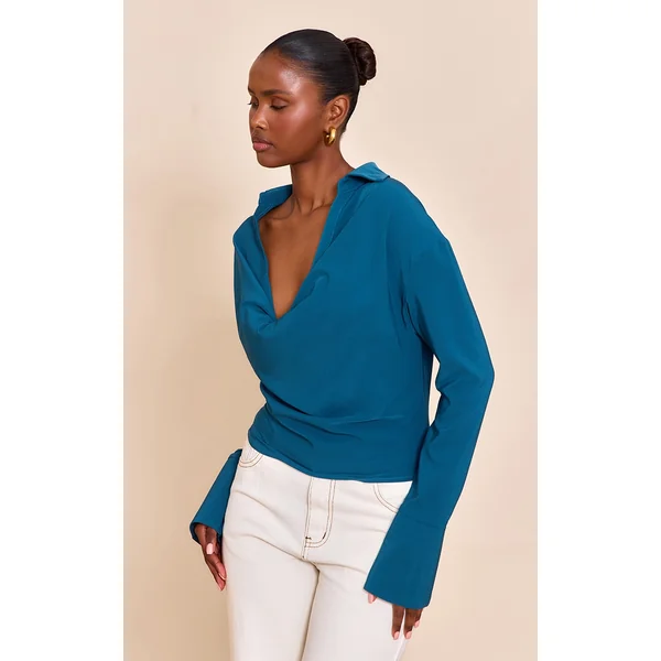 Teal Chiffon Cowl Neck Blouse