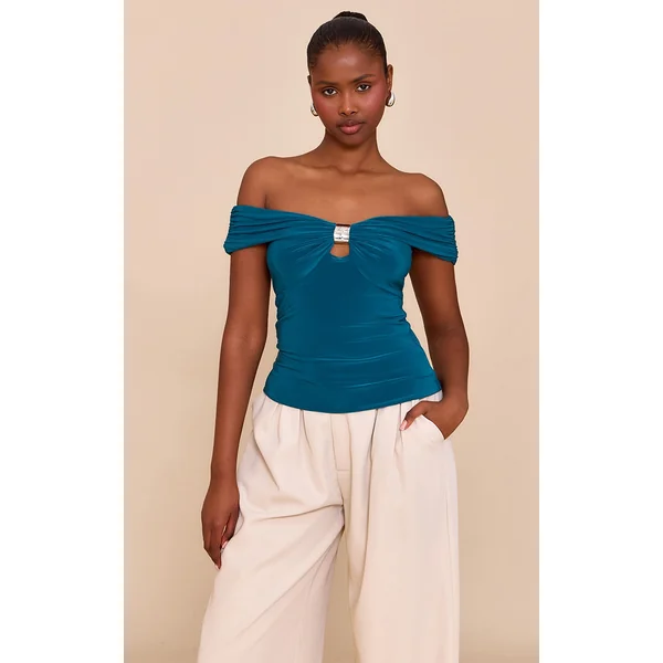 Teal Double Layer Slinky Trim Detail Bardot Long Top