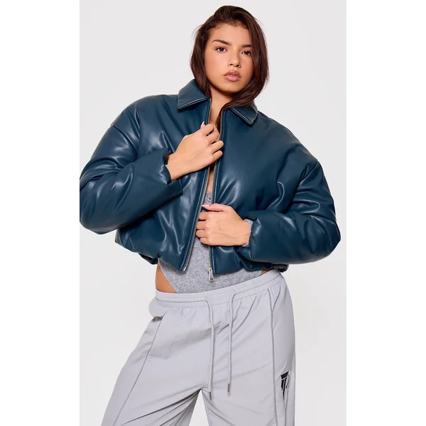 Teal Faux Leather Collar Detail Puffer Jacket