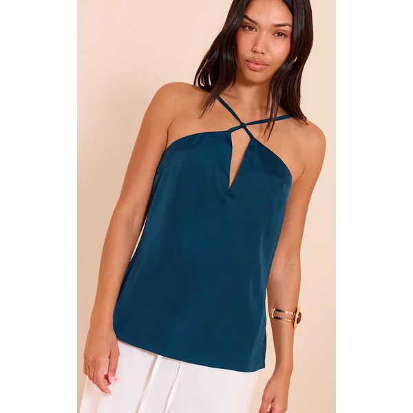 Teal Matte Satin Strappy Detail Long Cami Top