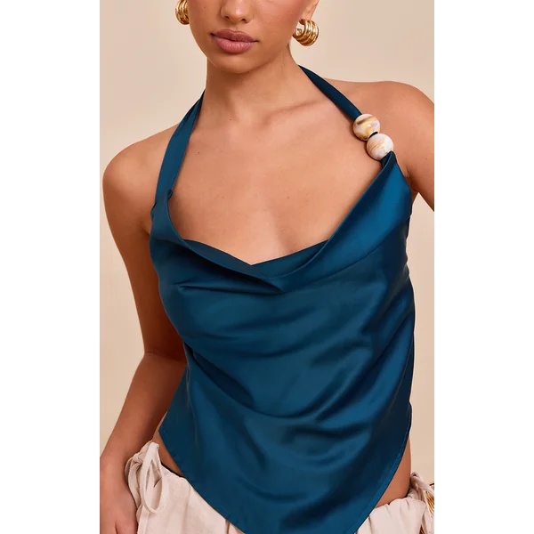 Teal Satin Bead Detail Backless Top