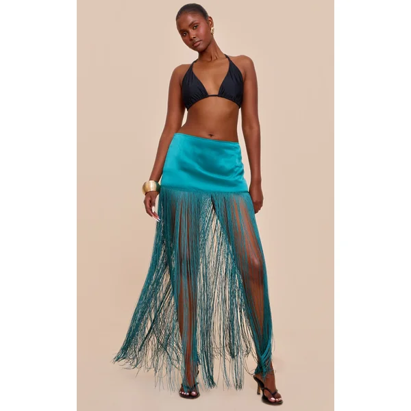 Teal Satin Extreme Tassel Trim Mini Skirt