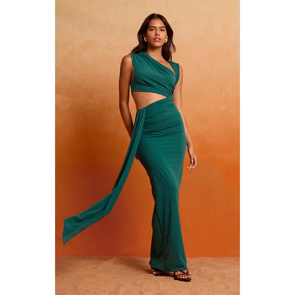 Teal Soft Touch Ruched Asymmetric Cut Out Maxi Dress