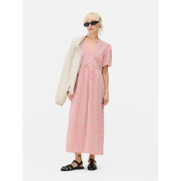 Textured Buttoned Midi Dress - Red