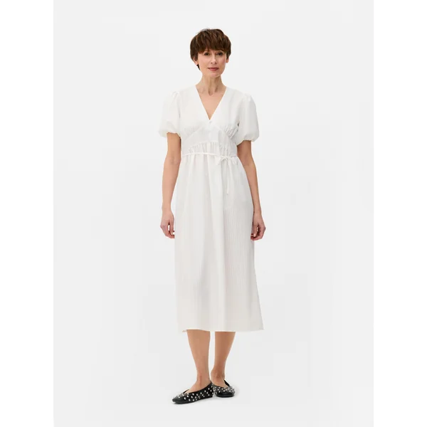 Textured Buttoned Midi Dress - White