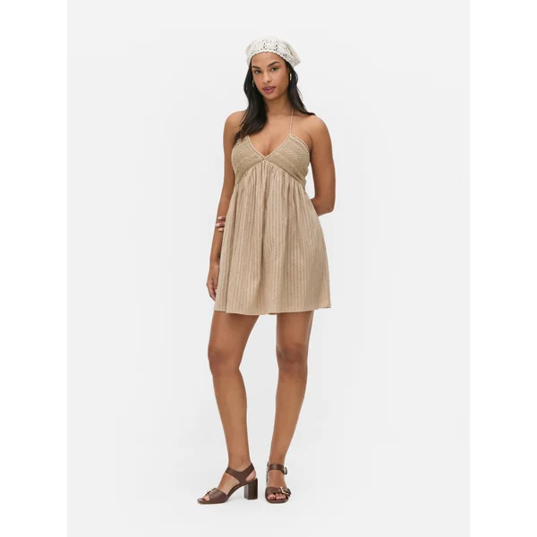 Textured Halter Mini Dress - Beige