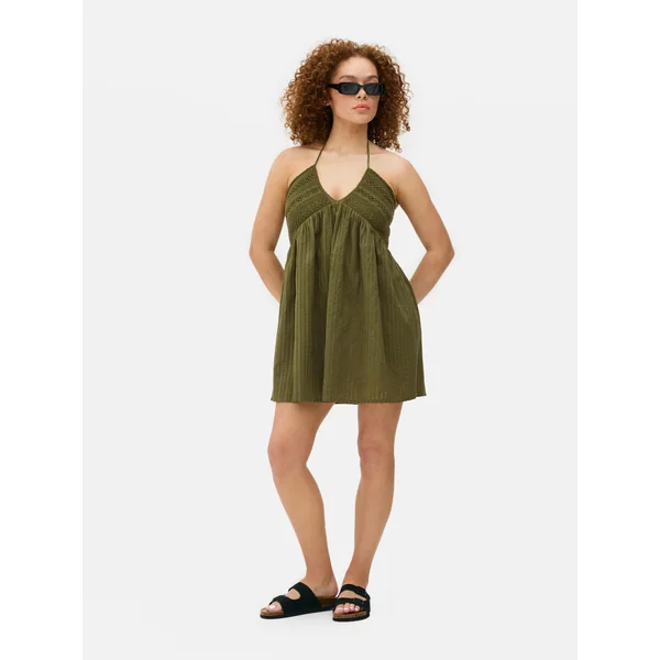 Textured Halter Mini Dress - Olive