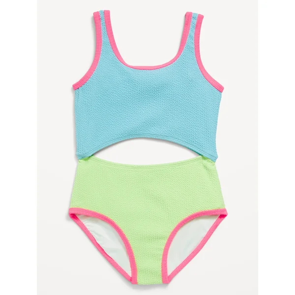 Textured Jacquard Cutout One-Piece Swimsuit for Girls - Ceramic Blue