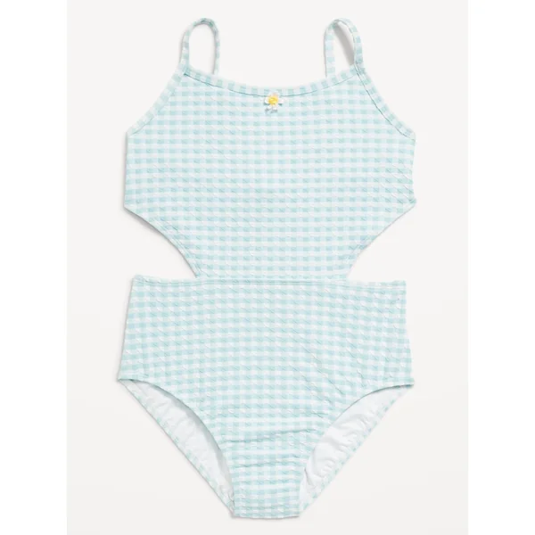 Textured Jacquard Side-Cutout One-Piece Swimsuit for Girls - Blue Gingham