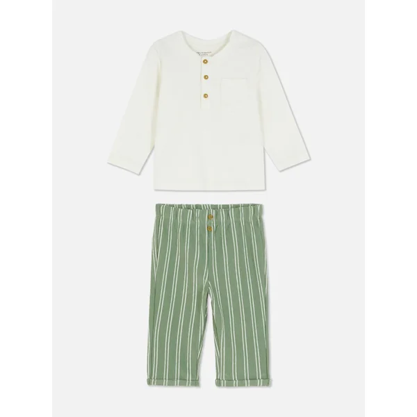 Textured Long Sleeve T-Shirt and Pants Set - Green