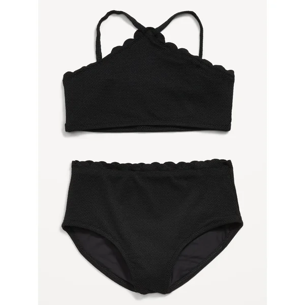 Textured Strappy Halter Bikini Swim Set for Girls - Black Jack