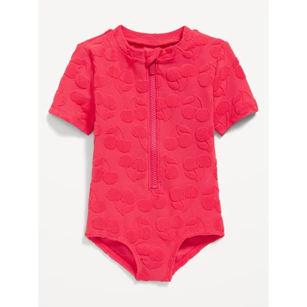 Textured Zip-Front Rashguard One-Piece Swimsuit for Toddler & Baby - Cherry