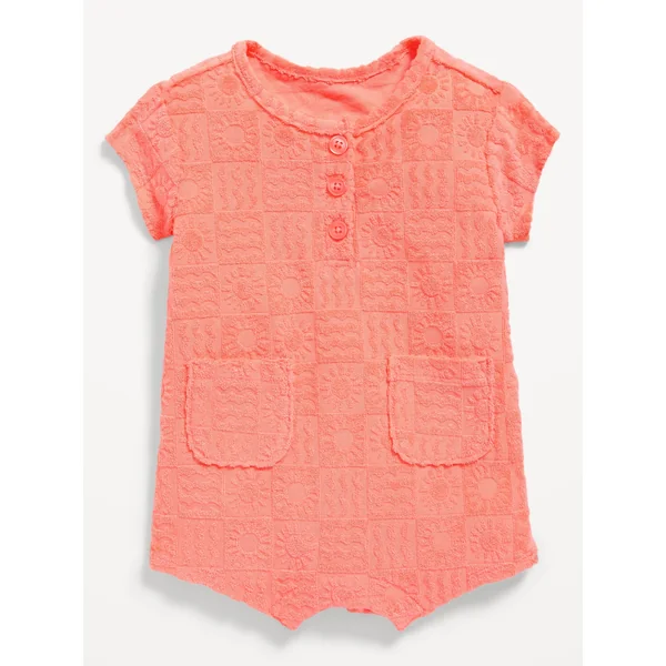 Textured-Terry Henley Pocket One-Piece Romper for Baby - Melon Shock Neon