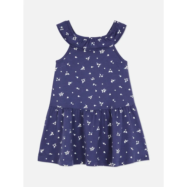 Tie Dye Jersey Sleeveless Ruffled Dress - Navy