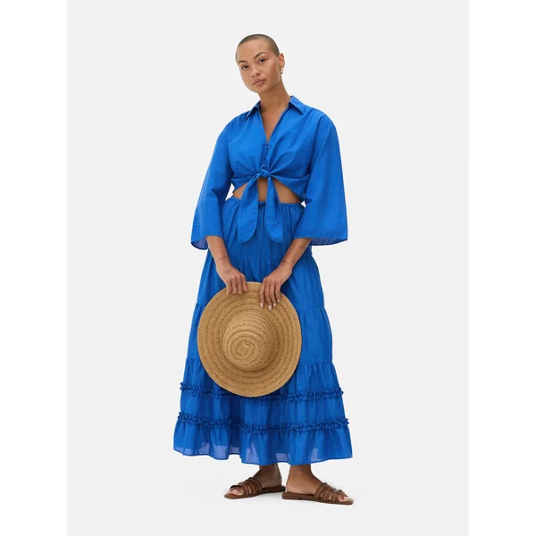 Tie Front Cropped Shirt - Blue