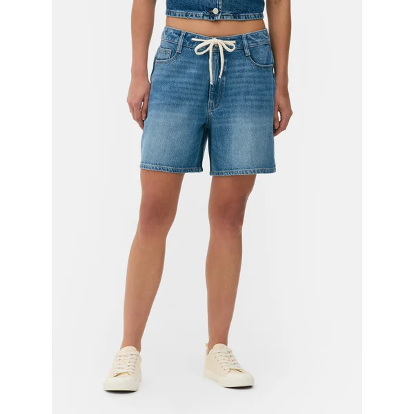 Tie Front Denim Shorts - Mid Blue