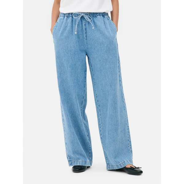 Tie Waist Denim Joggers - Mid Blue