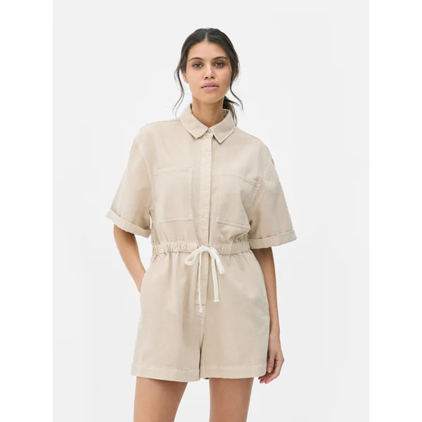 Tie Waist Utility Playsuit - Stone