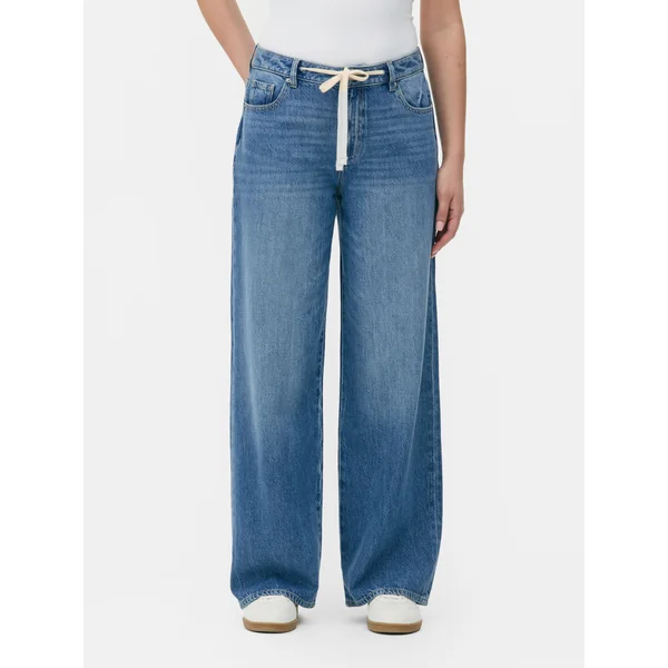 Tie Waist Wide Leg Jeans - Mid Blue